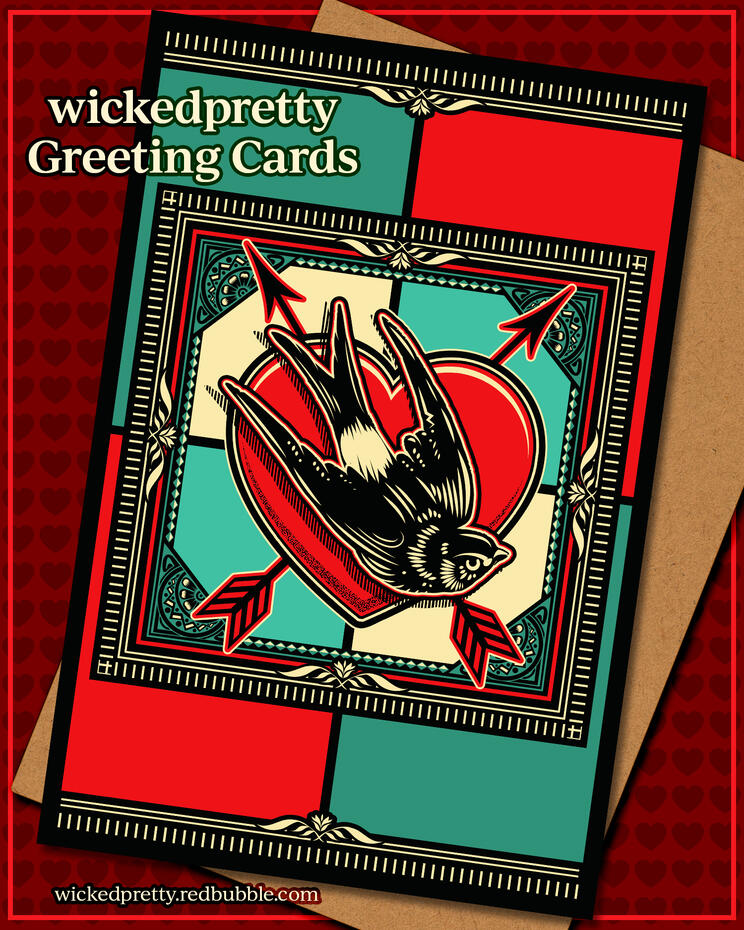 WickedPretty Greeting Cards / Pierced Heart &amp; Swallow Pattern