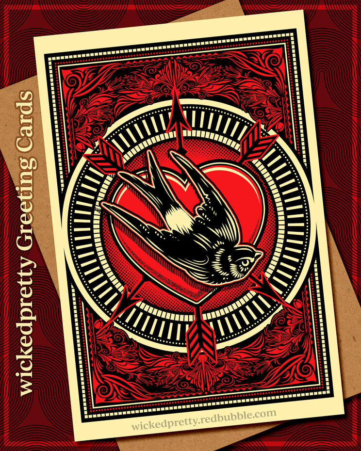 WickedPretty Greeting Cards / Tattoo Style Heart &amp; Swallow