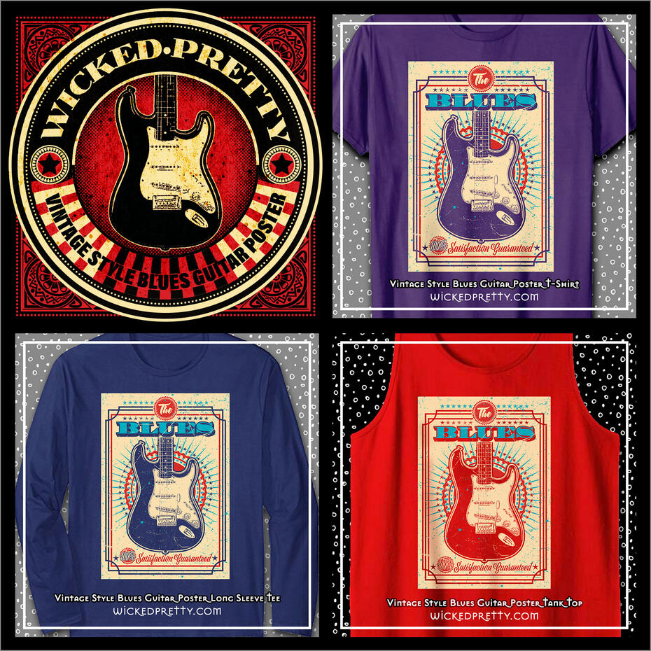 Vintage Style Blues Guitar Poster Tee, Long Sleeve &amp; Tank Top