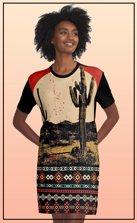 Southwest Desert Cactus Sunset Graphic T-Shirt Dress