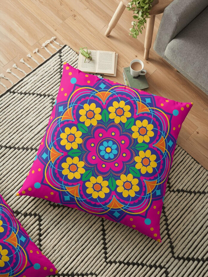 Bright, Colorful Flower Mandala Floor Pillow