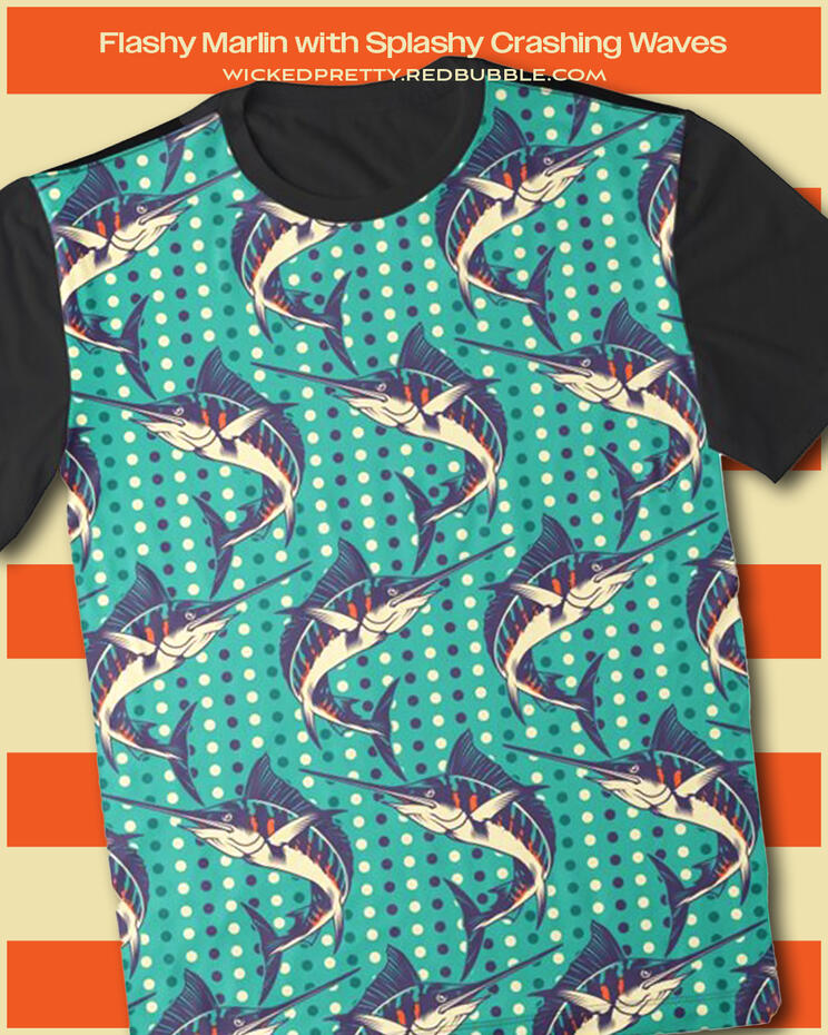 Flashy Marlin with Splashy Crashing Waves - Graphic T-Shirt