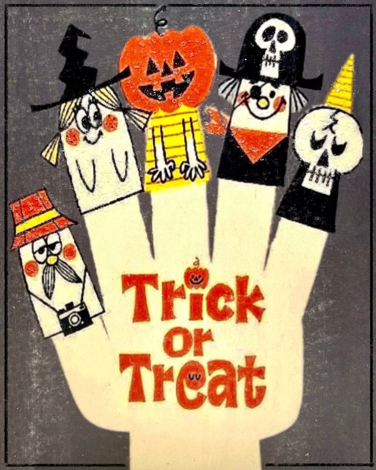 Vintage illustration, Trick or Treat finger puppets.