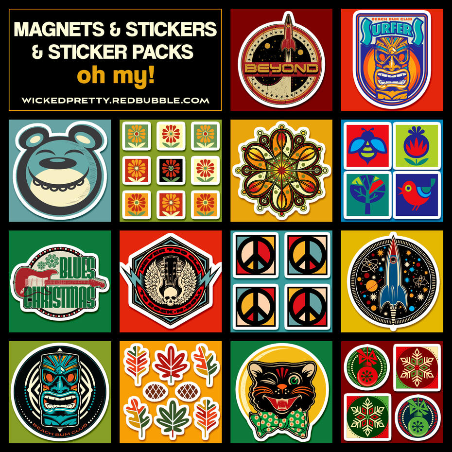 Wicked cool, wickedpretty stickers, sticker packs and magnets.