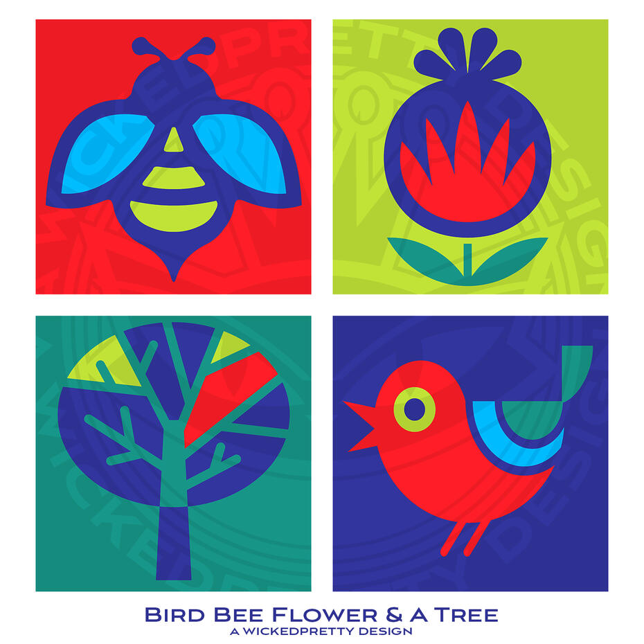 Bright, Bold Bird, Bee, Flower &amp; A Tree